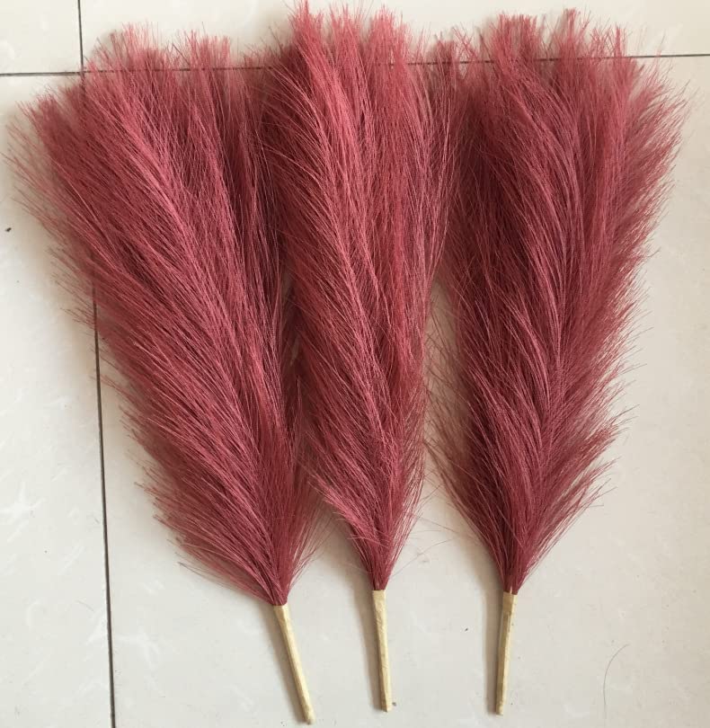 ROYAL SAPPHIRE 3 Pcs Faux Pampas Grass Small Fluffy Artificial Flowers Fake Flower Boho Decor Reed Grass for Vase Filler Farmhouse Home, Office, Living Room, Table and Craft Items (Dark Red)
