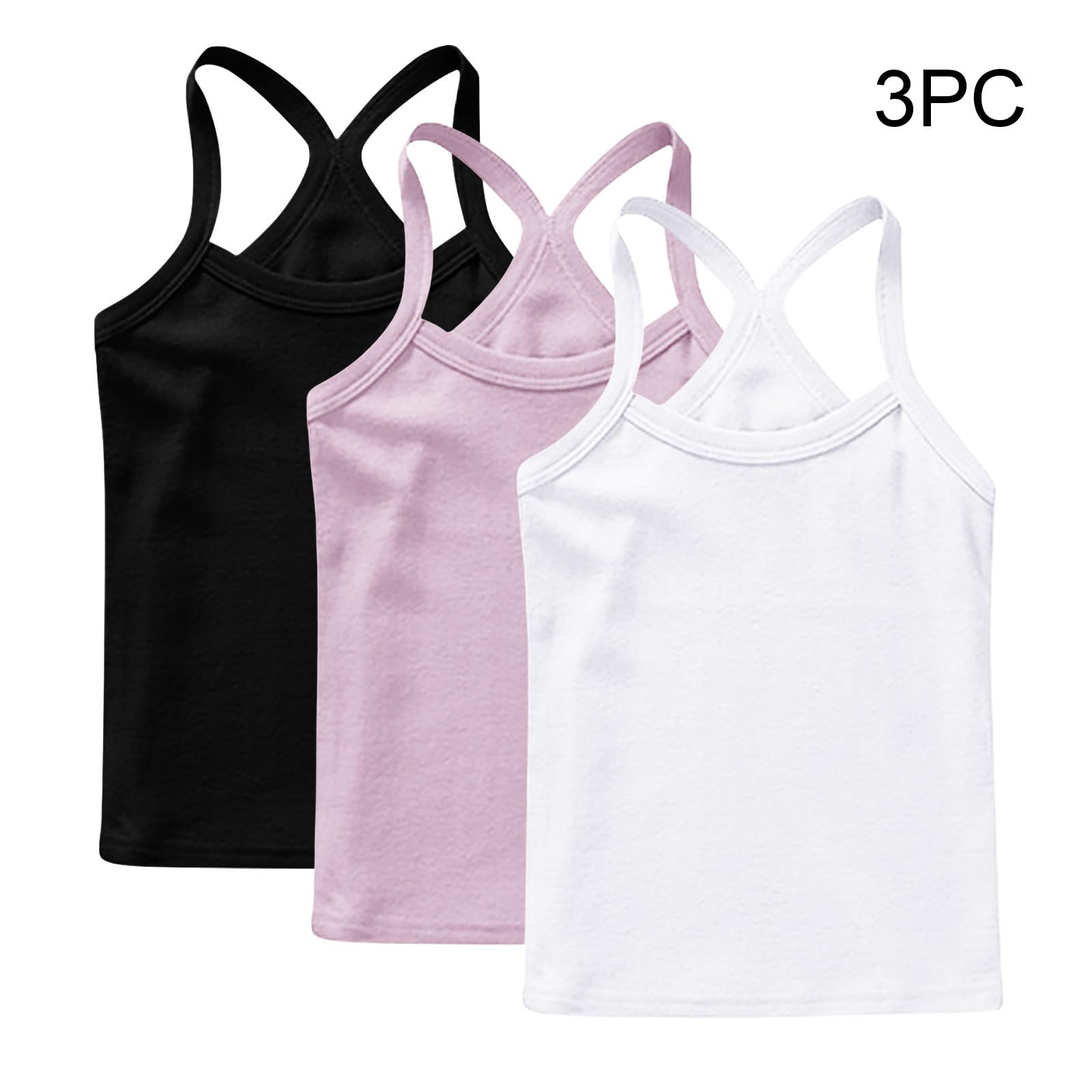 Lot de 3 maillots de corps pour fille - En coton - Débardeur à bretelles - Pour l'été - Sans manches - Décontracté - Bretelles spaghetti - Couleur unie
