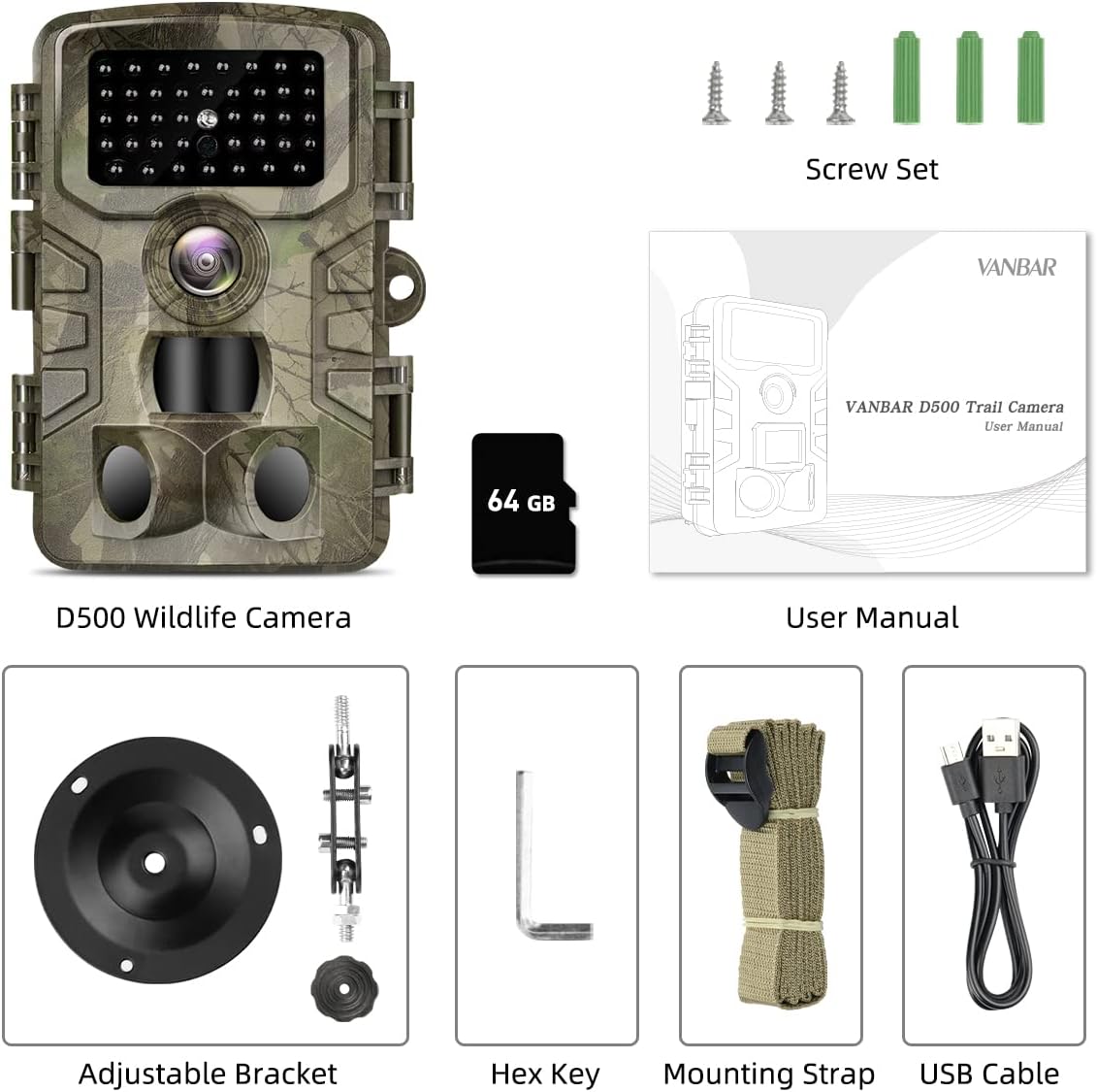Contents of the VANBAR D500 Trail Camera package, including the camera, 64GB SD card, user manual, screw set, adjustable bracket, hex key, mounting strap, and USB cable.