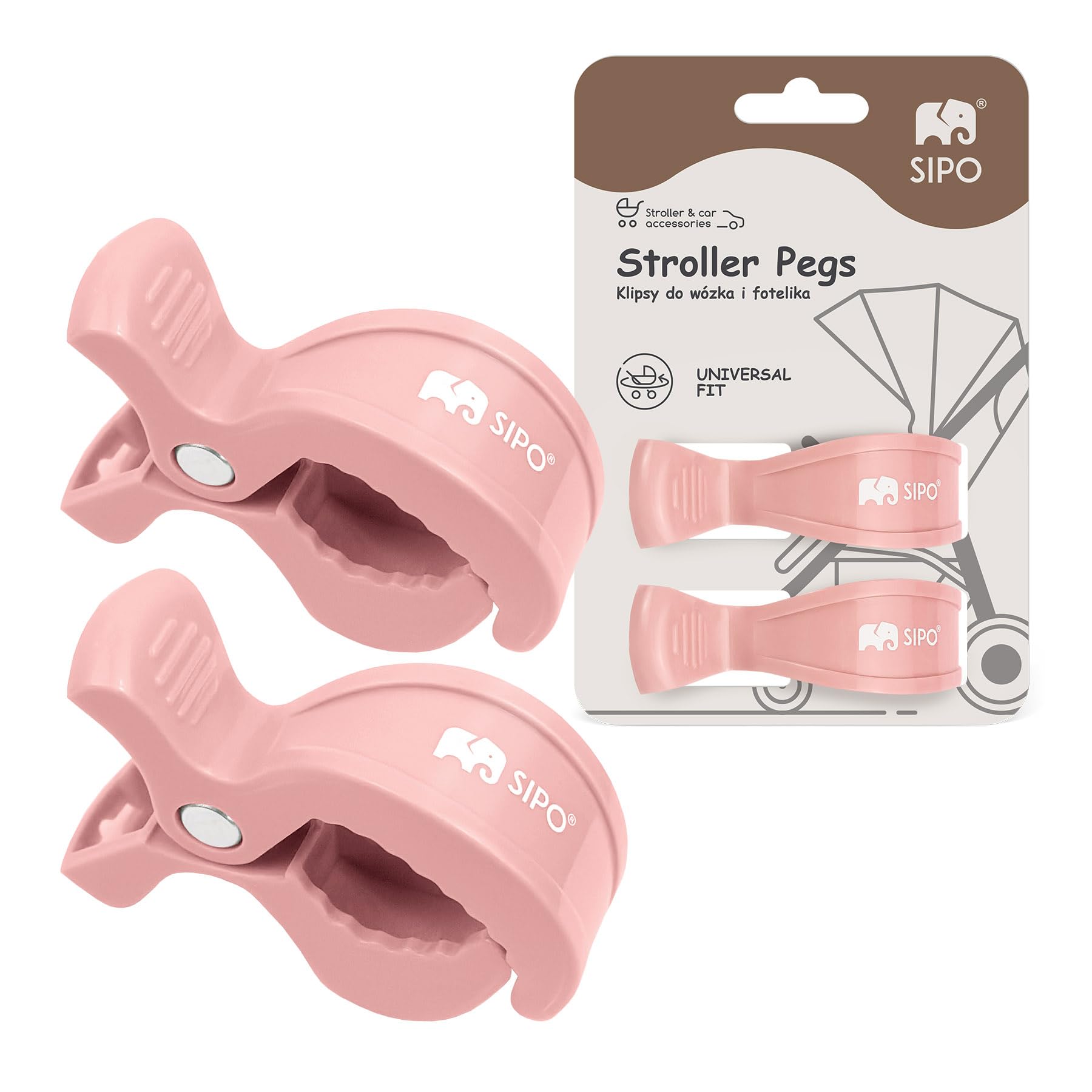 SIPO Pink Pushchair Clips (Set of 2) - Playful ABS Clamps for Prams & Car Seats - 2kg Load Capacity, Secure Rounded Design