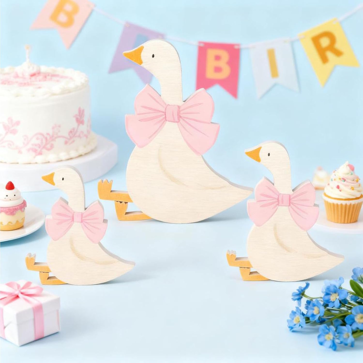 3PCS Silly Goose Birthday Party Decoration, Wooden Cute Goose with Pink Bow, Funny Table Centerpiece for Birthday Party Baby Shower, Desk Tiered Tray Decoration Rustic Farmhouse Gift, 5.9/4.7/3.9 Inch