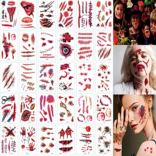 Tatuajes de cicatrices falsas para Halloween, tatuajes, pegatinas temporales de Halloween, costra horror cuerpo cara partido Supplies