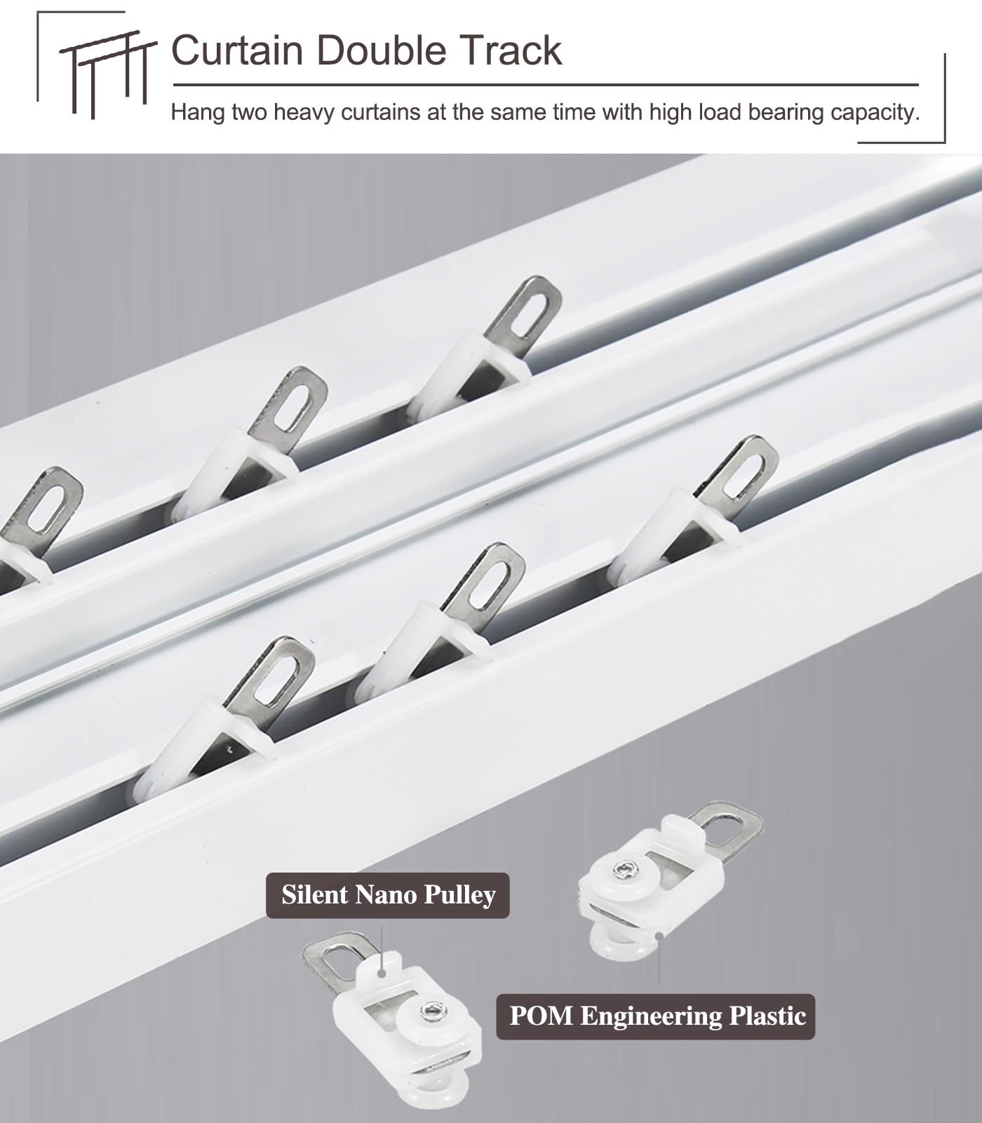 Kit de rails de rideau de plafond double silencieux 3 en 1 pour chambre à coucher - Cache-tringle à rideaux en métal caché intégré (gris, 1 m)