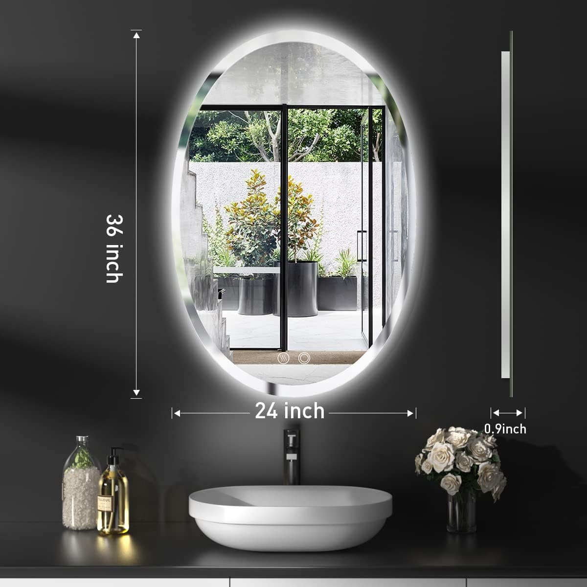 Size 36 x 24 Inch LED Oval Mirror,Wall Mounted Backlit Beveled Bathroom Mirror, Dimmable Lighted Vanity Mirror with Lights,Anti-Fog,CRI 90 , IP54 Waterproof