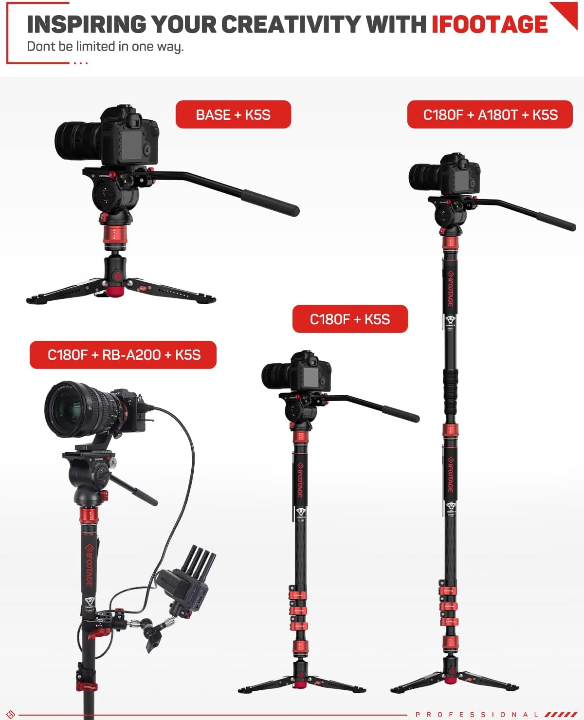 IFOOTAGE Monopod Cobra 3 C180F, 71" Monopod Camera Stand Carbon Fiber Camera Mono pod with Feet, Portable Travel Mono pod Compatible with Sony Canon Nikon DSLR Cameras, Max Load 17.64 lbs
