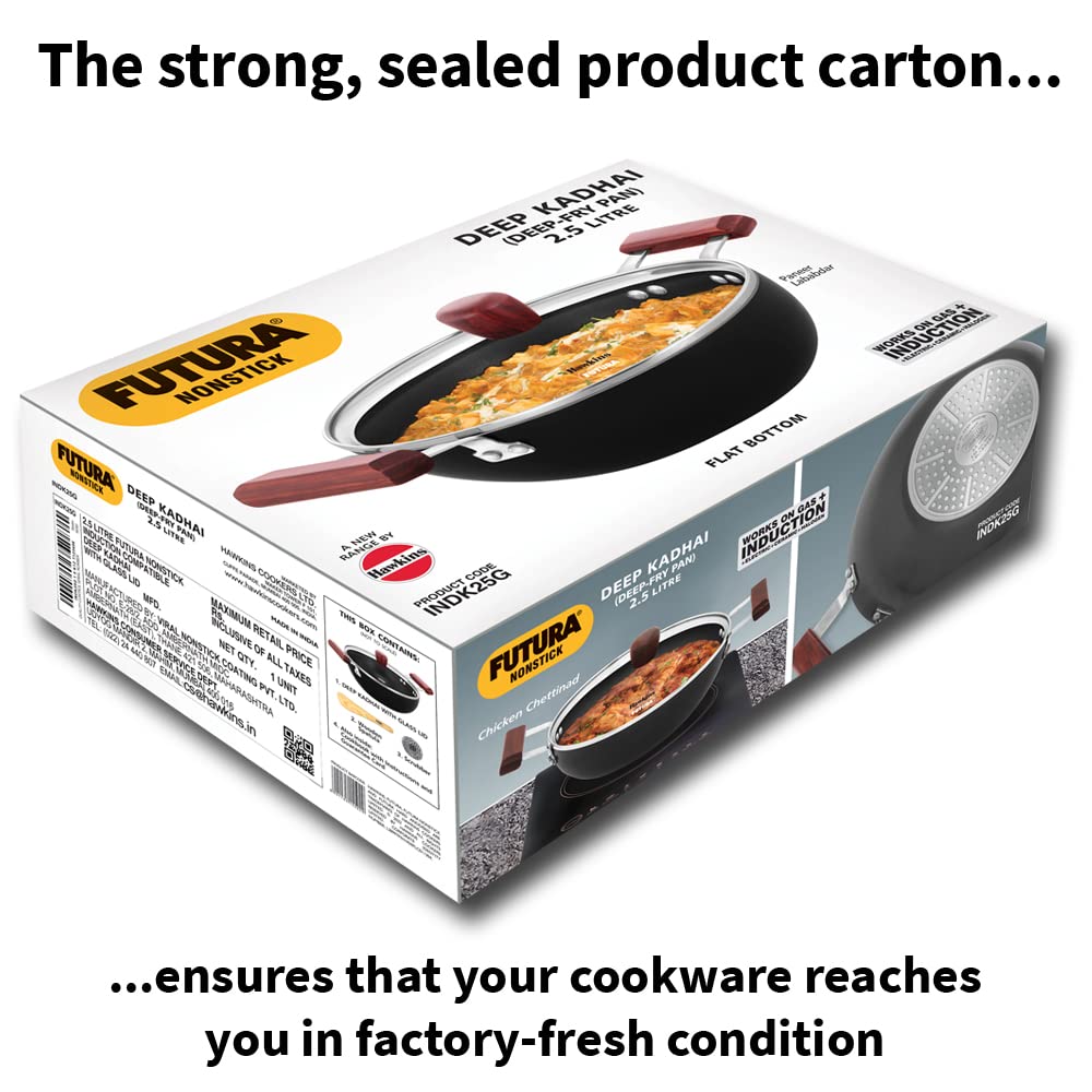 Hawkins Futura 2.5 Litre Deep Kadhai, Nonstick Kadai with Glass Lid, Flat Bottom Induction Kadhai, Deep Fry Pan, Black (INDK25G) 4
