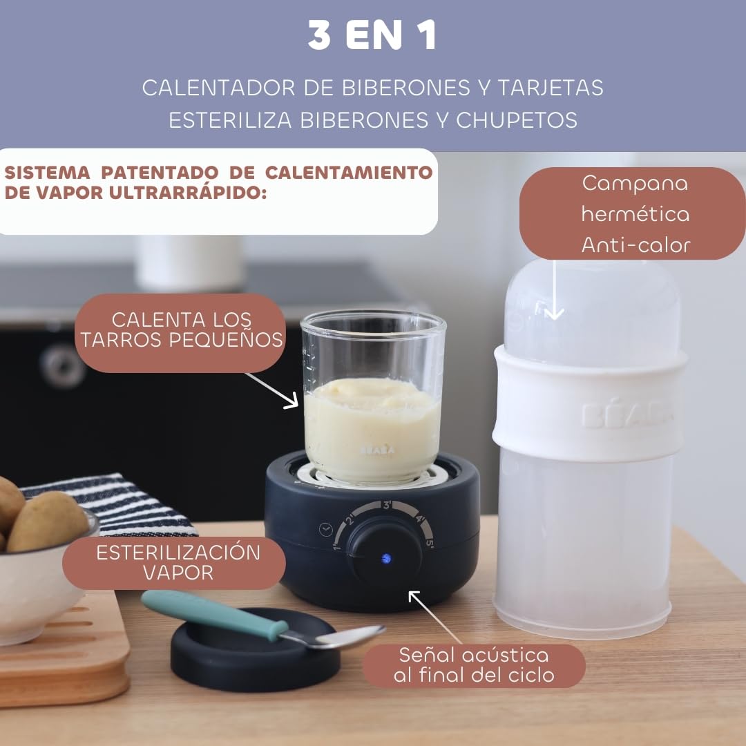 BÉABA, Calientabiberones, Esterilizador de biberones, Tetinas, Calientaleche, Vapor suave, Calor rápido, Baby Milk Second, Azul noche
