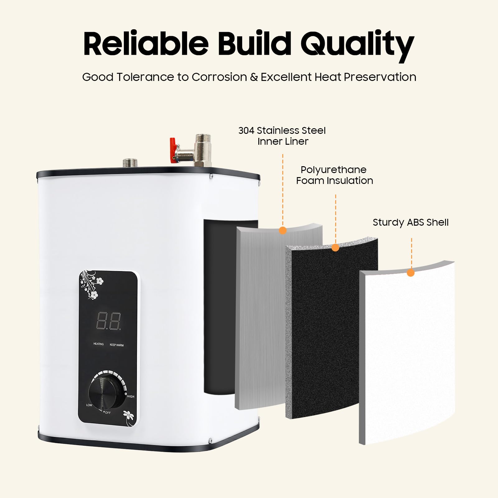 Caldaia sottolavello Scaldabagno elettrico mini serbatoio da 8 litri 1500W Bassa pressione con spina 0-65℃ per lavello, cucina, lavello