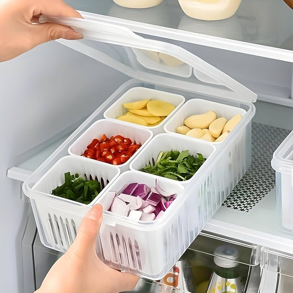 HATANU 6 Compartment Plastic Fridge Organizer Box With Drain Basket BPA-Free Refrigerator Food Storage Containers For Vegetables,Fruits,Meal Prep And Kitchen Organization Stackable.-image-26