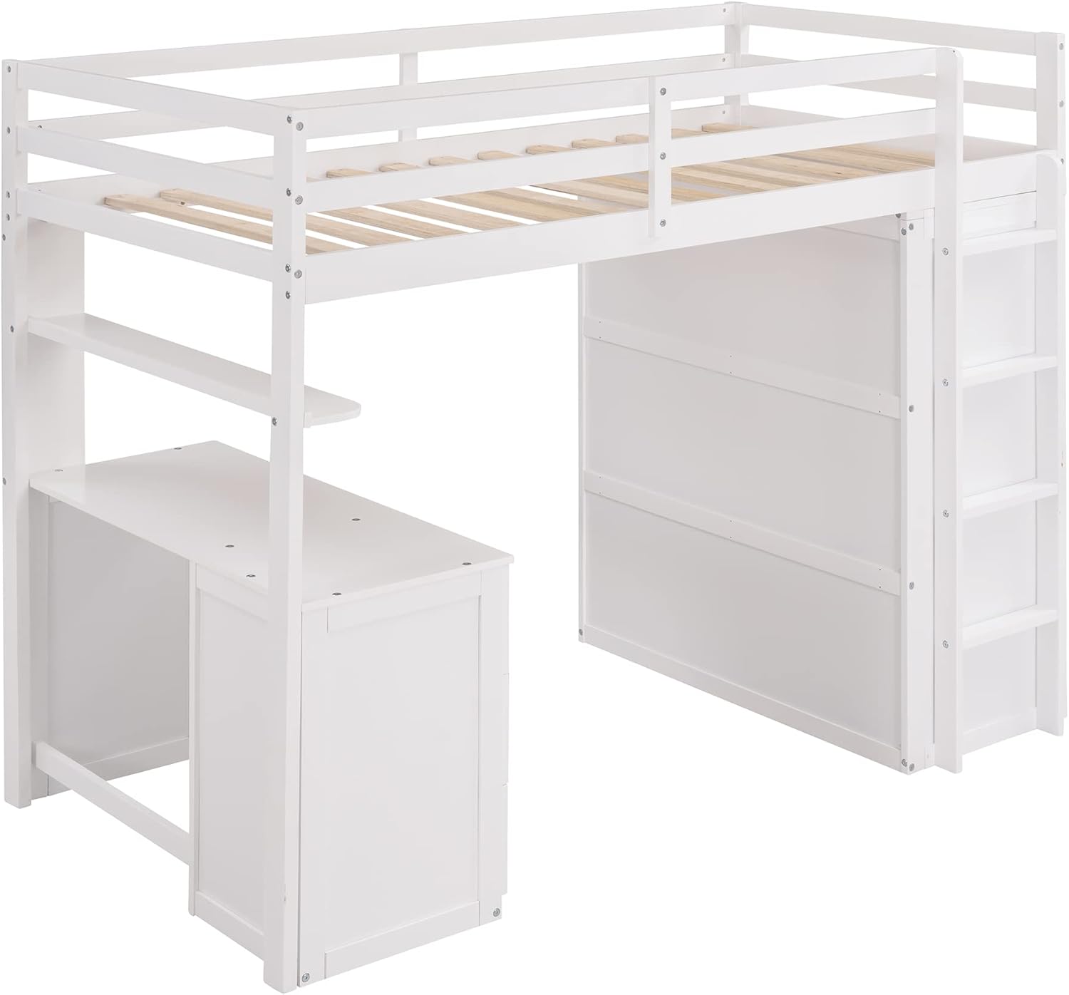 Loft Bed with Desk and Wardrobe Twin Size Loft Beds Frame with Storage Drawers Cabinet Wood All in One Beds for Kids Boys Girls Teens Bedroom Dorm, White