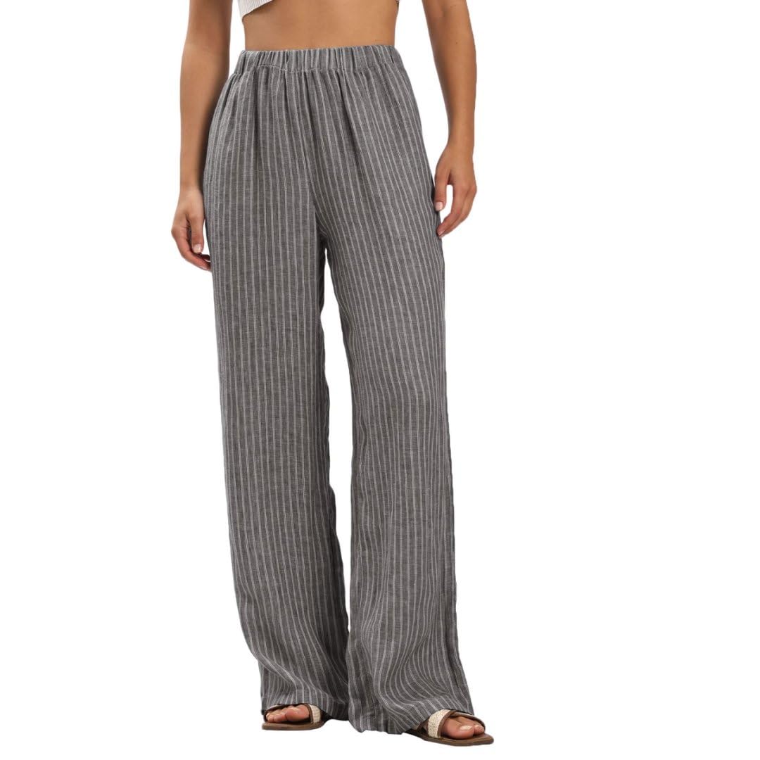 Amazhiyu Womens 100 Linen Summer Casual Elastic Waist Stripes Wide Leg Pants