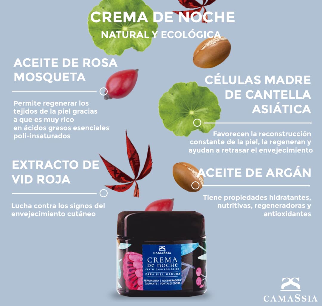 Crema facial de noche para piel madura Camassia reparadora, regeneradora, calmante y fortalecedora con Certificado Ecológico COSMOS Ecocert