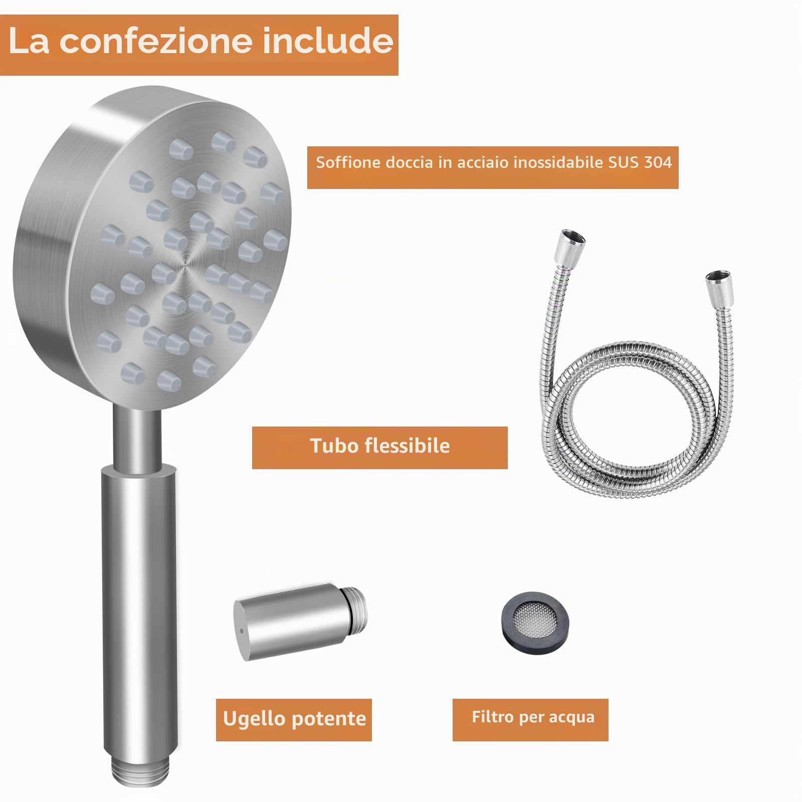 Soffione doccia in acciaio inox con tubo, doccetta in metallo, doccetta ad alta pressione, per risparmiare acqua, soffione doccia a pioggia con ugello forte per bagno, spa, pulizia vasca, spazzolata