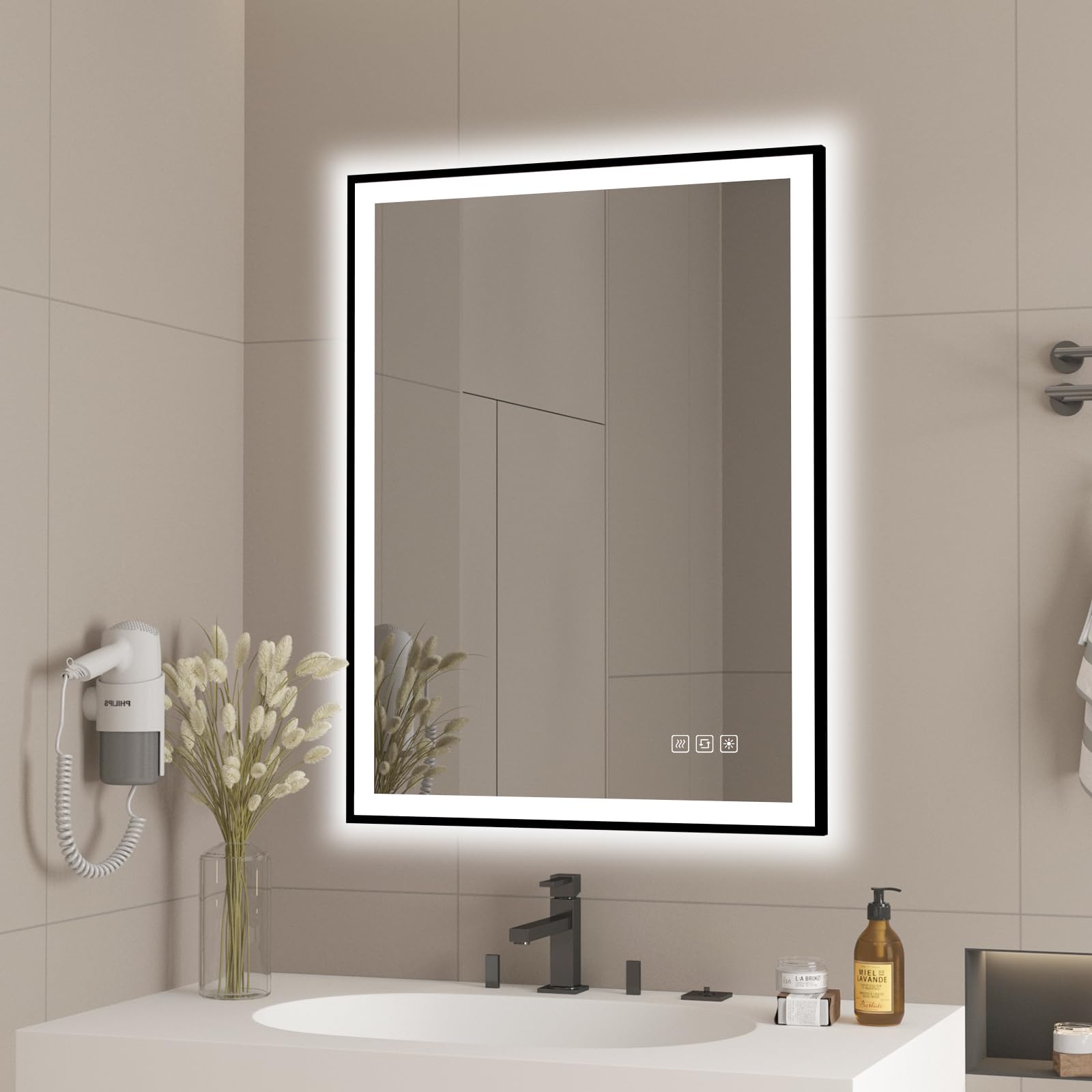furduzz LED-Badezimmerspiegel mit schwarzem Rahmen, 450 x 600 mm, Kosmetikspiegel mit Hintergrundbeleuchtung, dimmbar, beschlagfrei, bruchsicher, Memory, 3 Farben, Wandspiegel, vertikal/horizontal