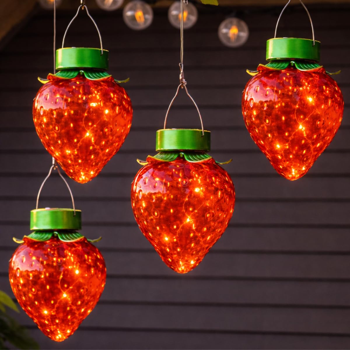 Festive Lights Red, Green - Set Of 4 Solar Strawberry Hanging Lanterns – 20Cm Red Novelty Lights, 40 Warm White Leds, Outdoor Garden Ornament, Ip44 Waterproof, Integrated Panels - Trees, Shrubs & Fence Decor