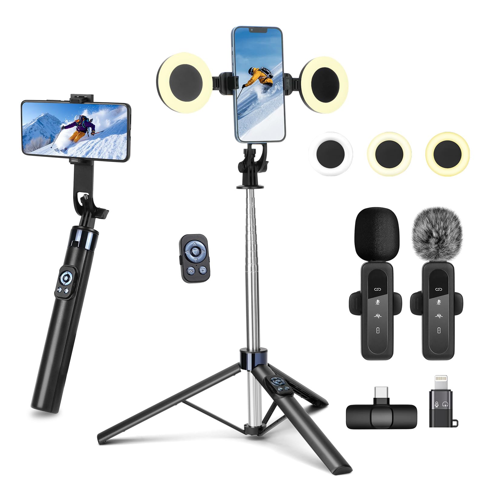 Bastone per selfie da 180 cm, con 2 luci e microfono, kit per vlogging per iPhone/Android, treppiede per smartphone, attrezzatura per creatore di contenuti