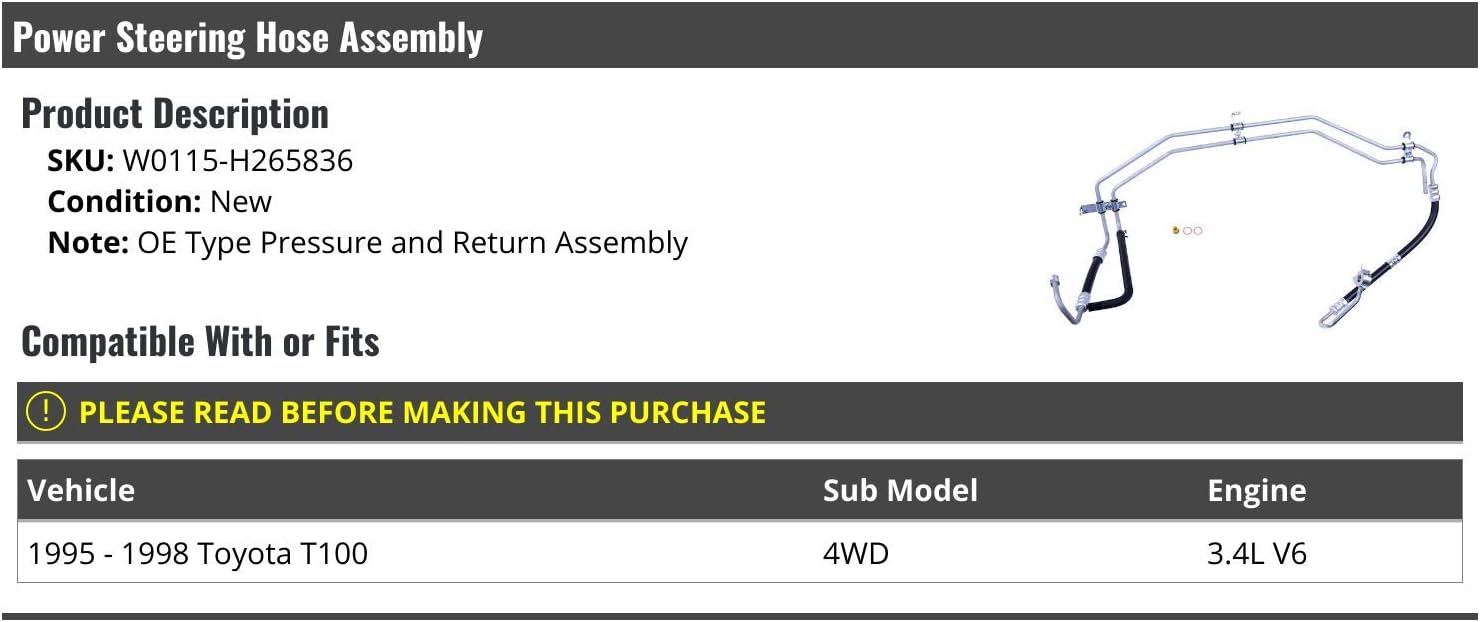 Power Steering Hose Assembly - Compatible with 1995-1998 Toyota T100 4WD 3.4L V6
