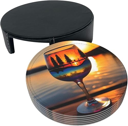 Miniatura 8 de Juego de 6 posavasos redondos de cuero, con base antideslizante, adecuados para el hogar, bar, protector de mesa multiusos, copa de vino de puesta