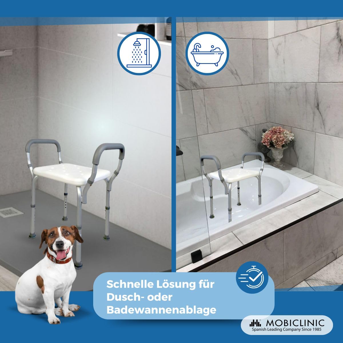 Mobiclinic®, Duschhocker, Höhenverstellbar, Mit Armlehnen, Acueducto, rutschfeste Spitzen, Ergonomisch, Licht, Max. 100 Kg, Aluminium, Weiß