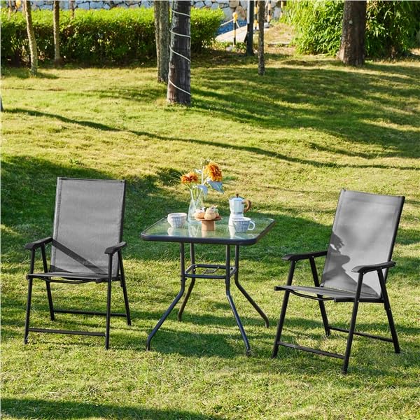 Yaheetech Lot de 2 Chaises de Jardin Pliantes avec Accoudoirs, Chaises d´extérieur en Toile pour Patio Porche Terrasse Piscine Gris