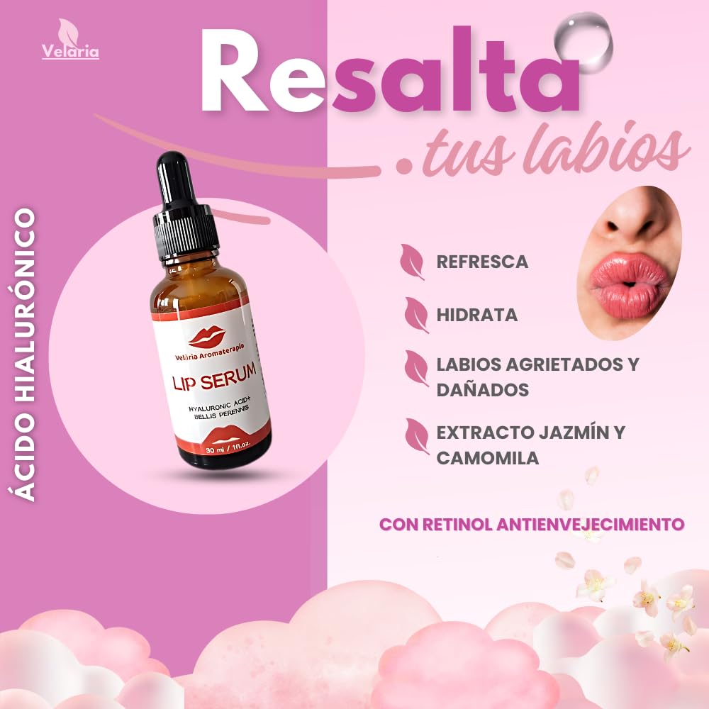 Lip Serum Labial con Ácido Hialuronico, Retinol y Extracto de jazmín y margarita. Post Tratamiento Relleno Labial 30ml Marca Española. No pegajoso