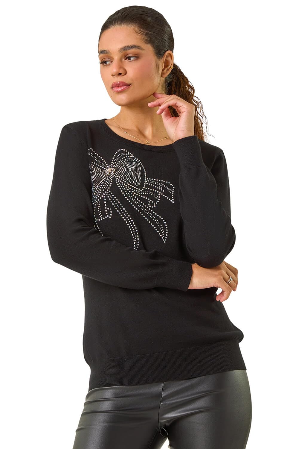 Roman Women's Black Sparkle Bow Detail Crew Neck Jumper In | Size: 14