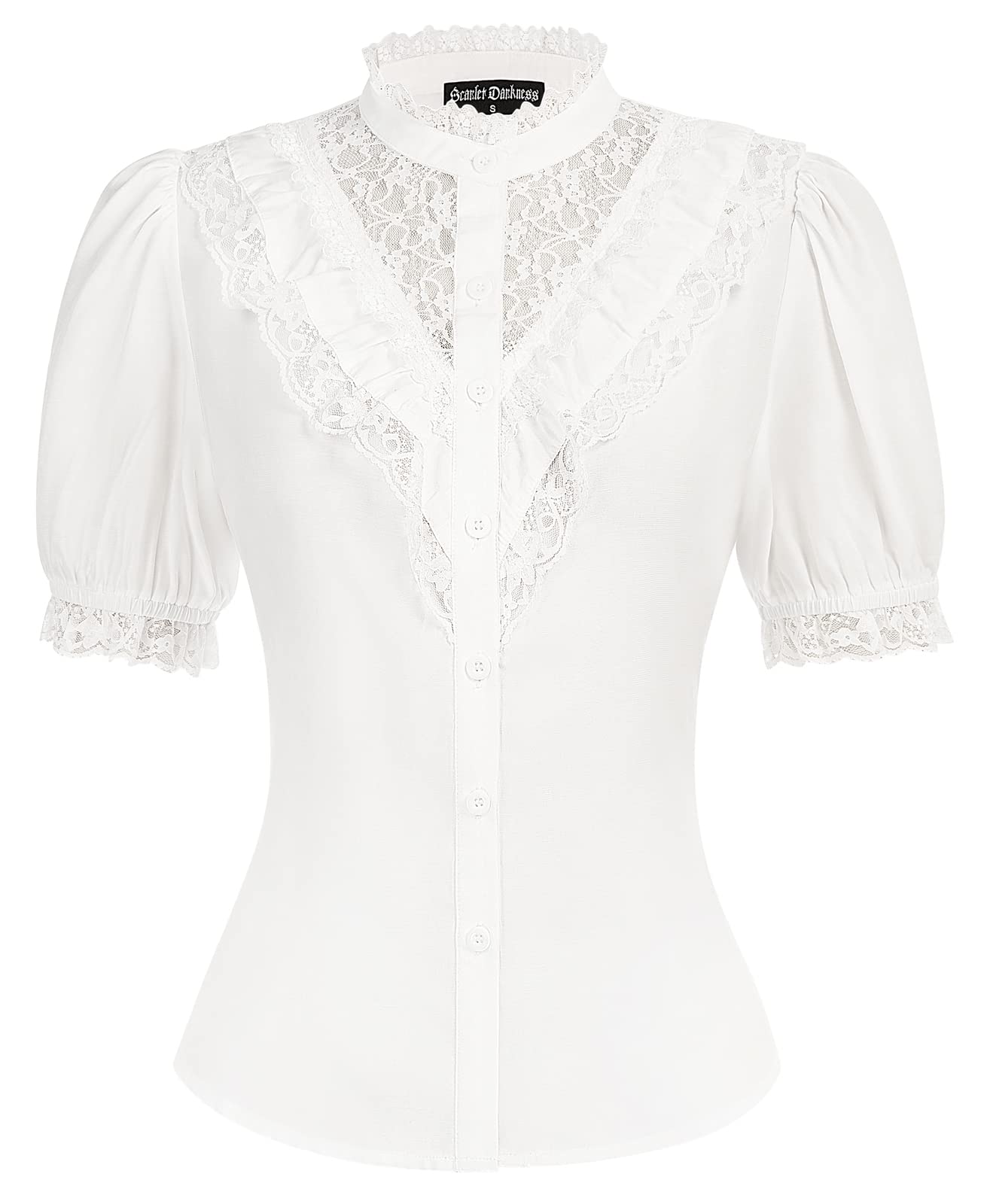 SCARLET DARKNESS Blusa victoriana con volantes de manga corta con cordones, blusa medieval para mujer