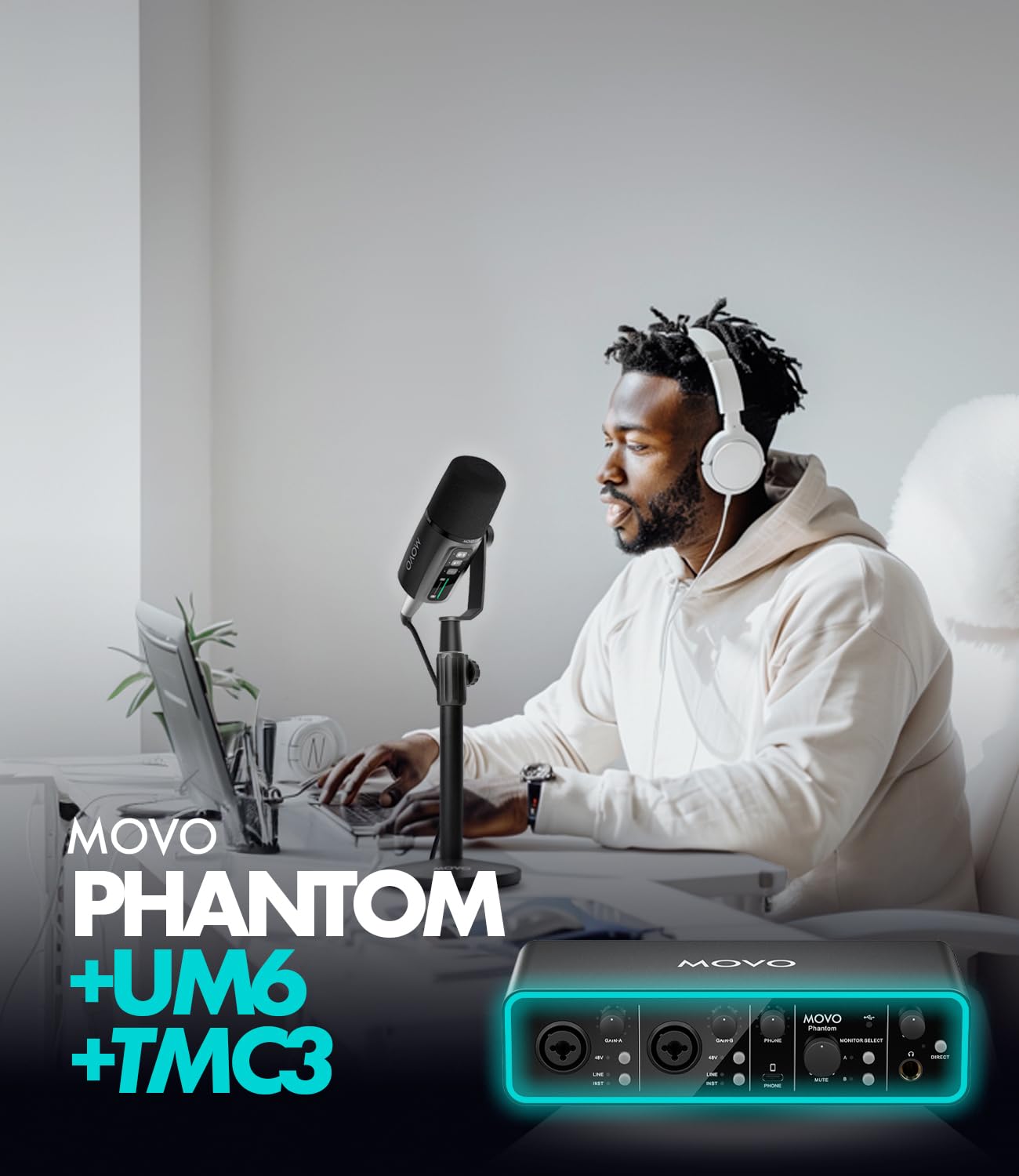 Movo Music/Audio Interface Bundle - Phantom USB Audio Interface, UM6 XLR/USB-C Dynamic Microphone, and Tabletop Stand - Professional Studio Setup for Musicians, Singers, and Producers