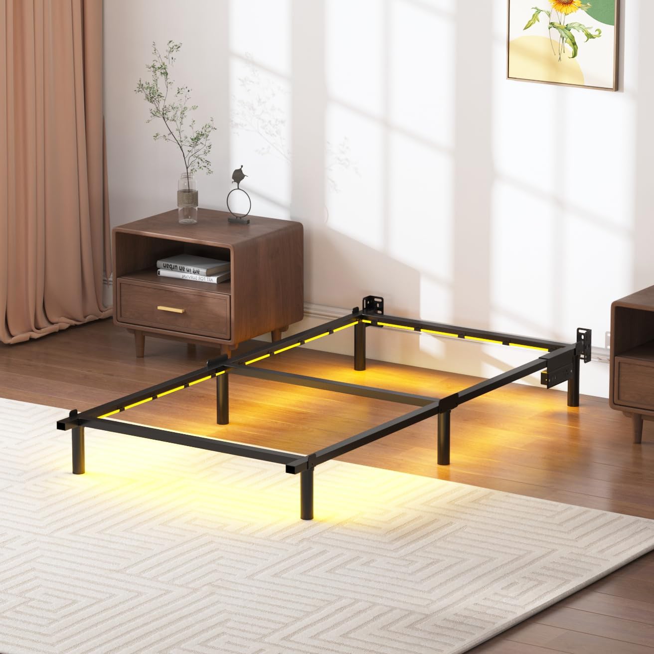 Twin XL Metal Bed Frame for Box Spring and Mattress, 7 Inch High 6-Leg Support Sturdy Bed Base with LED Lights and Charging Station, Easy Assembly, Black