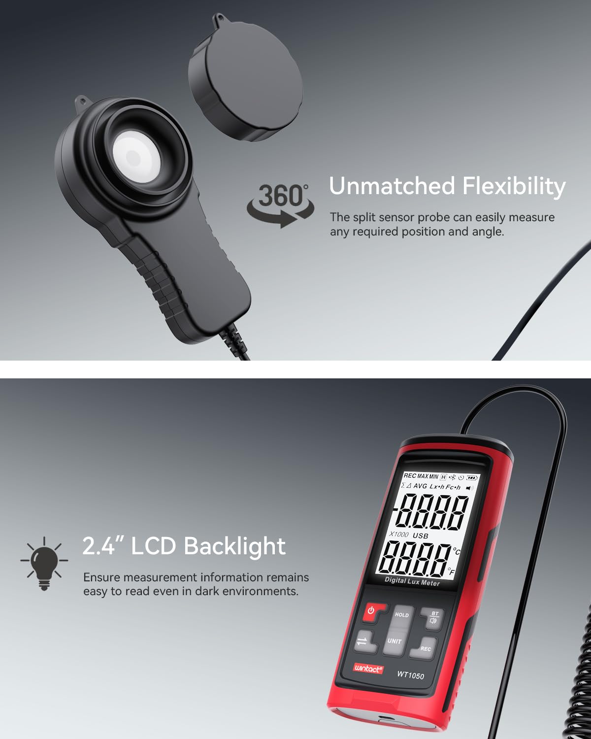 Wintact Medidor de luz recargable con Blutooth WT1050, indicador de iluminación digital, rango de velas de lux/pie de mano de hasta 200,000 lux para plantas interiores y exteriores, hogar, oficina