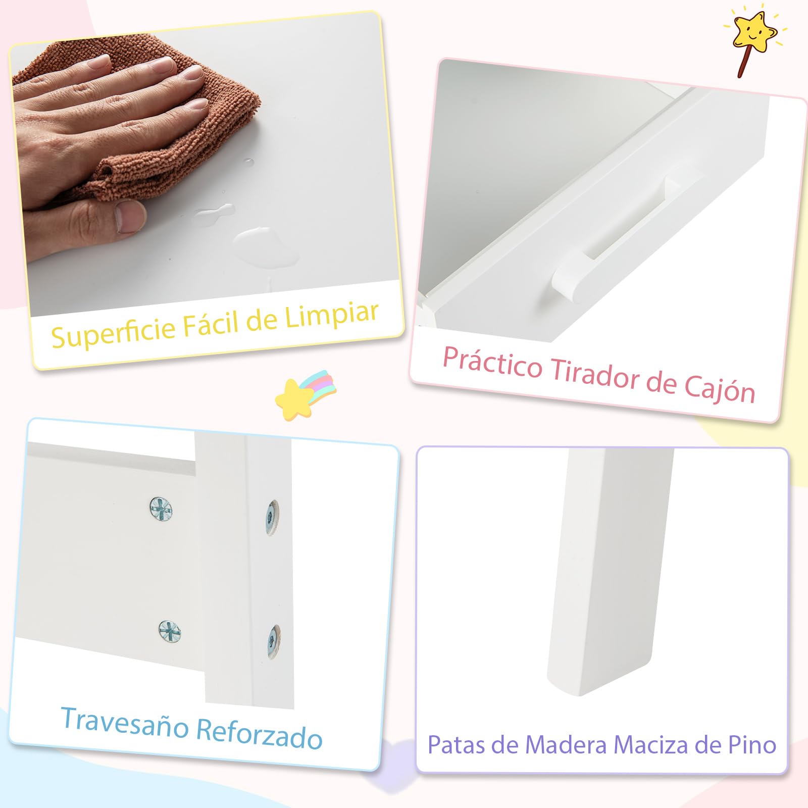COSTWAY Juego de Mesa y Silla Infantil, Juego de Mesa de Estudio de Madera Maciza para Niños con Cajón y Estante, Escritorio Infantil para Estudiantes para Niños de 3+ Años (Blanco)