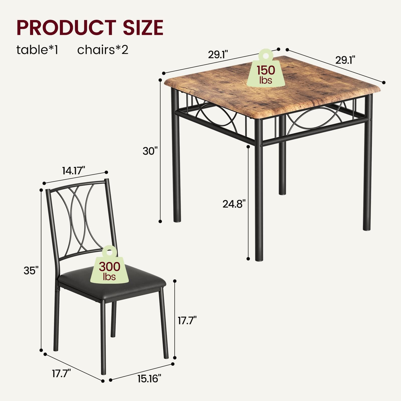 Tables de Salle à Manger pour 2, Table et chaises de Cuisine, Table de Salle à Manger carrée avec 2 chaises en métal et en Bois, pour Petits espaces, Appartement (Marron Rustique 2)