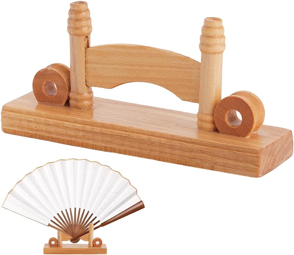 Beebeecraft 4Pcs Hand Fan Display Stand Wood 2.7x5.7 Inch Chinese Folding Fan Base Holder Vintage Rack for Table Organize Decorative Home