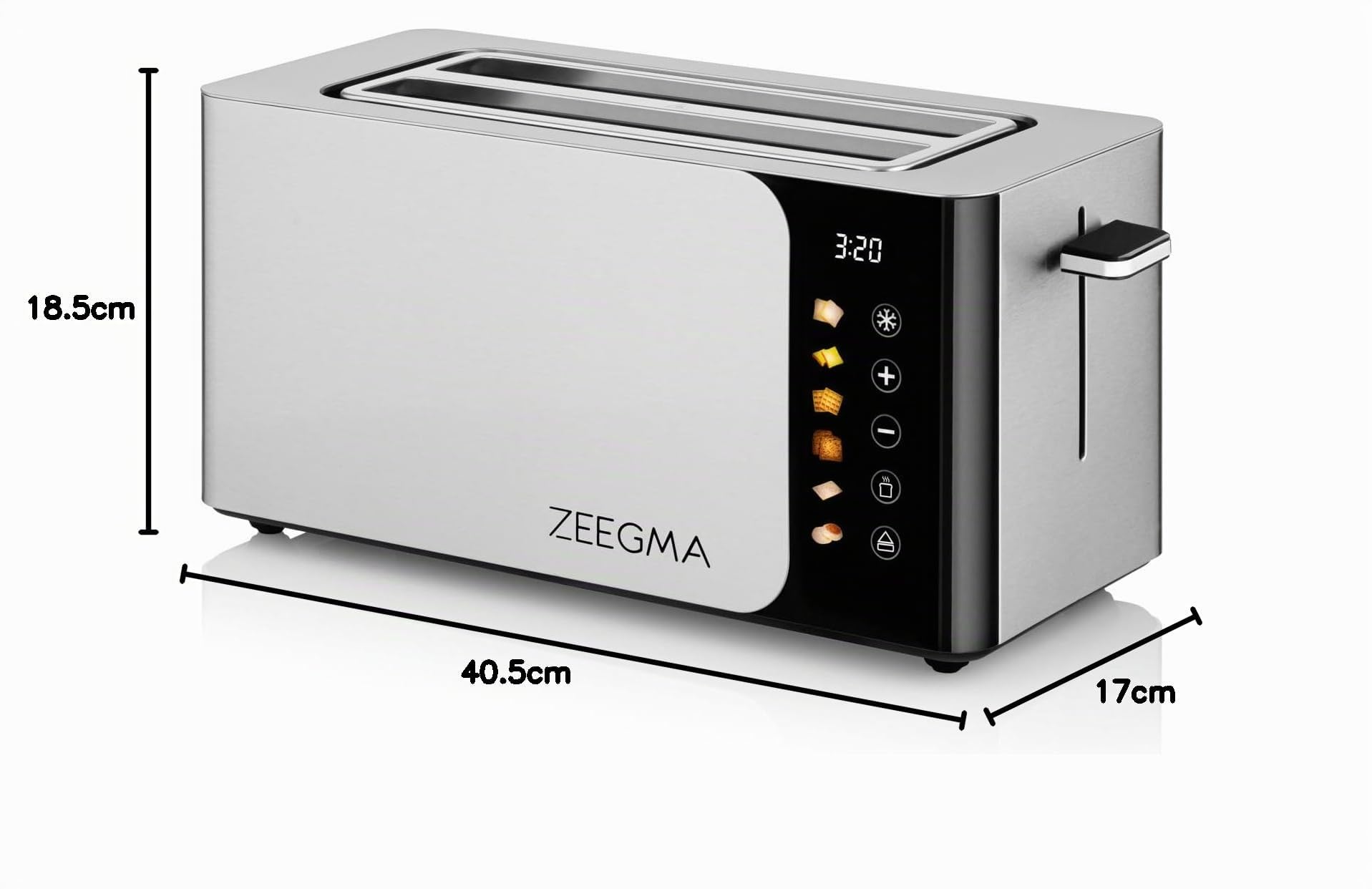 ZEEGMA TOSTEE SMART Tostadora de Pan de 4 Rebanadas de Acero Inoxidable, Soporte para Panecillos 1500 W, Descongelar, Recalentar y Parar, Bandeja para Migas, Panel Táctil con Temporizador, 6 Niveles