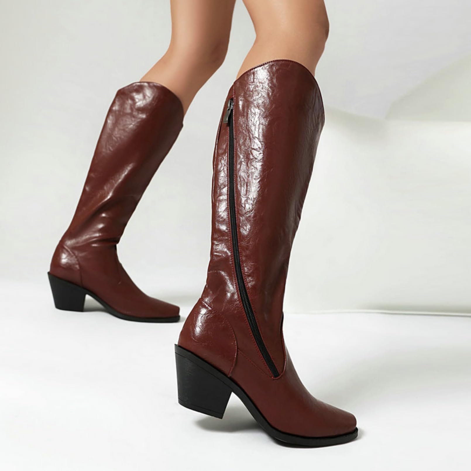 Mujer Botas Altas Punta Cuadrada Cremallera Tacones Anchos Botas Largas Elásticas Botas De Montar Invierno Calientes Simples Botas Cuero Impermeables Pantorrilla Ancha