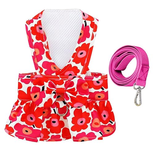 Axiijgl Dog Harness Dresses For Small Dogs Cute Floral Puppy Dress Leash Girl Bow Puppy Princess Dress With D-Ring Soft Mesh Adjustable Pet Dress (Red Xs) #TOP11