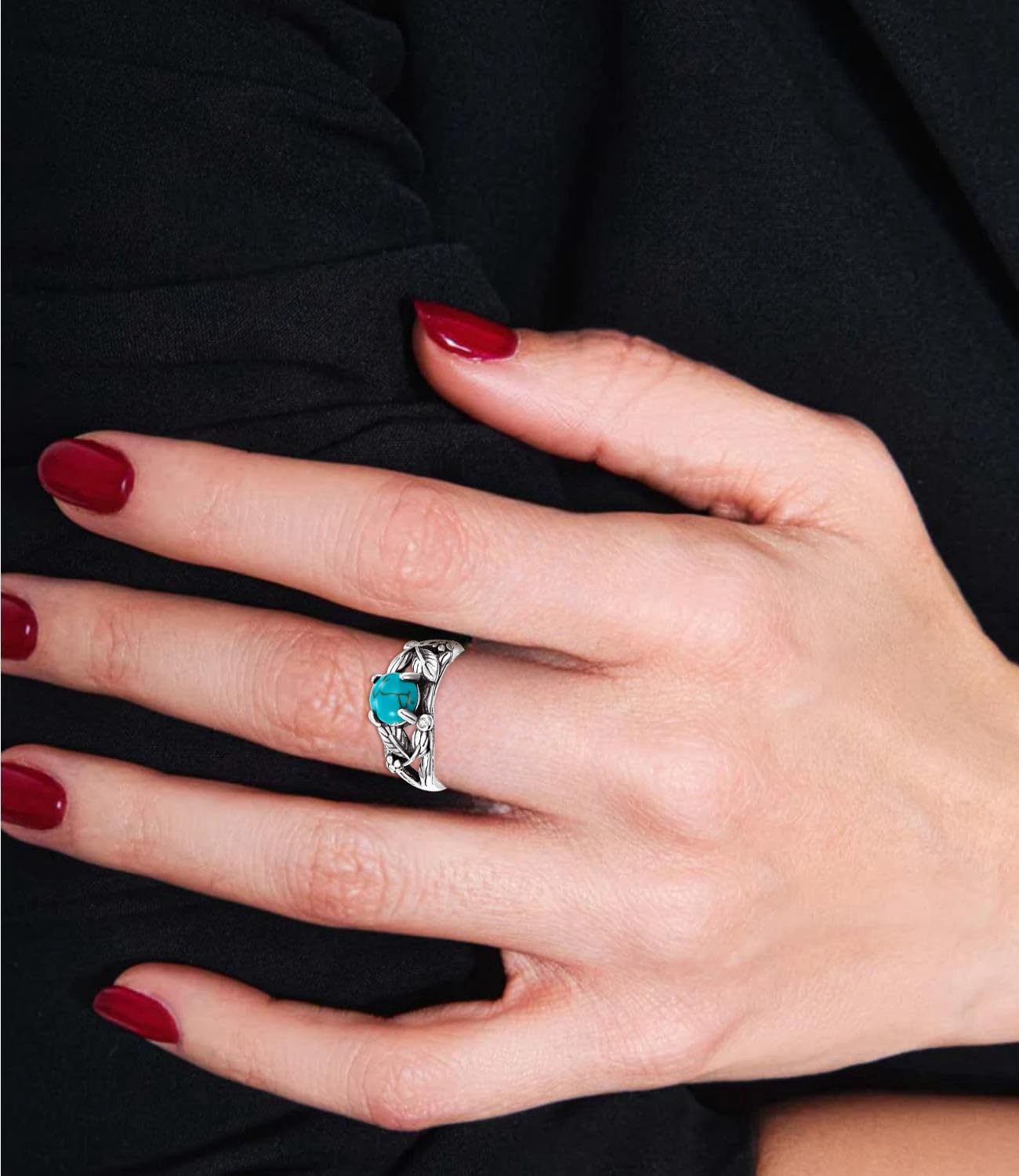 Genuine Turquoise Ring for Women, Sterling Silver Boho Leaf Nature Native American Western Jewelry Gemstone Ring Birthday Gift - Image 2