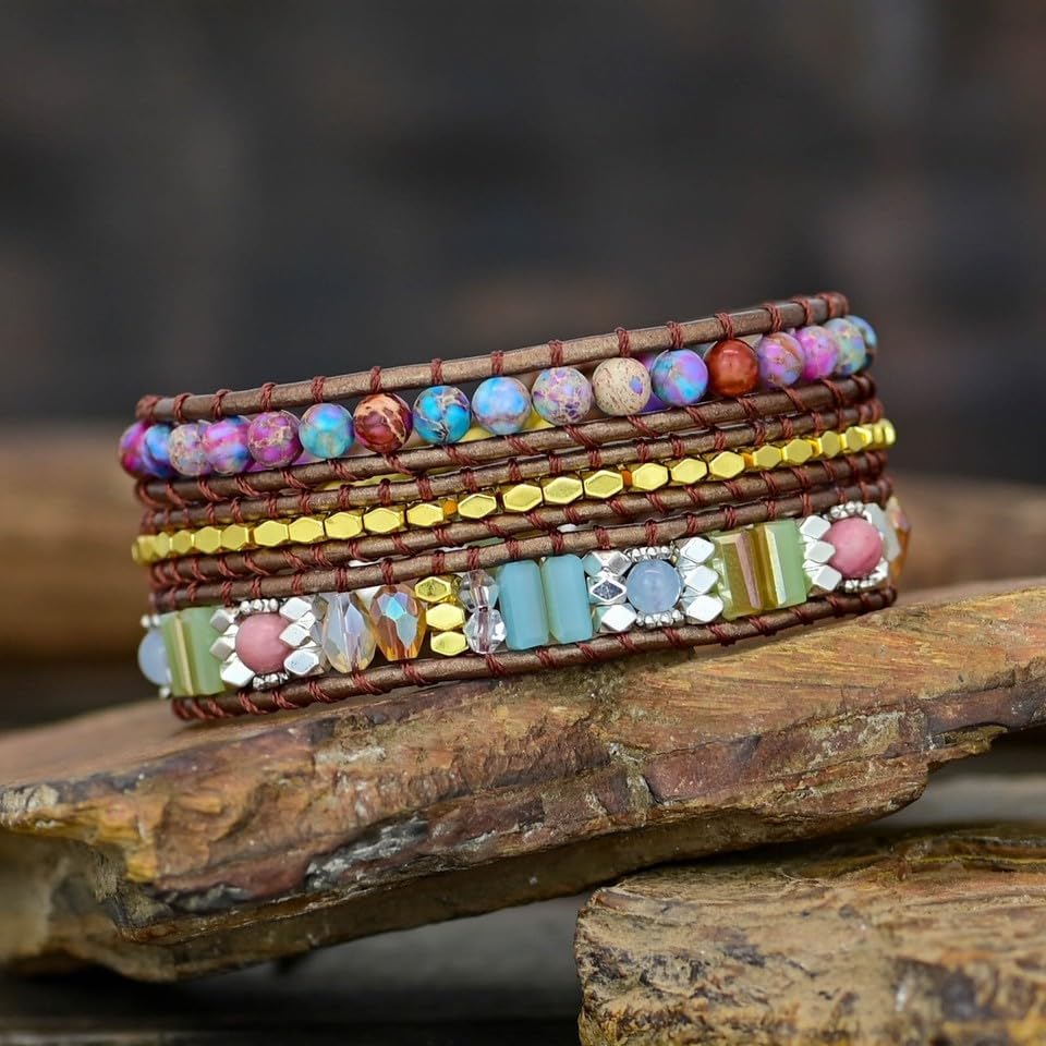 Natural Gemstone Crystal Women Healing Meditation Wrap Bohemian Bracelet Gifts