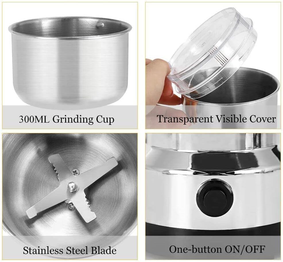 Image of 300W Electric Spice Grinder Machine, Herbs, Nuts & Dry Masala, Stainless Steel Portable Mini Grinder with Sharp Blades, One Touch Operation, Multipurpose Kitchen Grinder for Spices Home Use