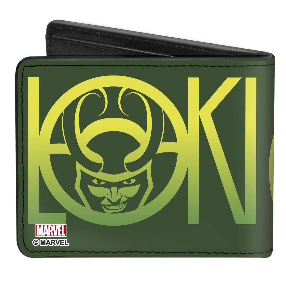 Buckle-Down Men's Marvel Comics Wallet, Bifold, Face Close Up and Text Logo Greens Yellow, Vegan Leather, Thor Loki, 4.0