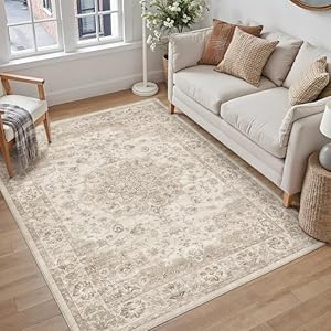 PureCozy Washable 5x7 Area Rug for Living Room Beige Neutral Vintage Large Rug Non-Slip Soft Low Pile Carpet Floral Stain Resistant Indoor Office Throw Rug for Bedroom Dining Room Nursery 5'