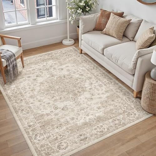 PureCozy Washable 5x7 Area Rug for Living Room Beige Neutral Vintage Large Rug Non-Slip Soft Low Pile Carpet Floral Stain Resistant Indoor Office Throw Rug for Bedroom Dining Room Nursery 5'