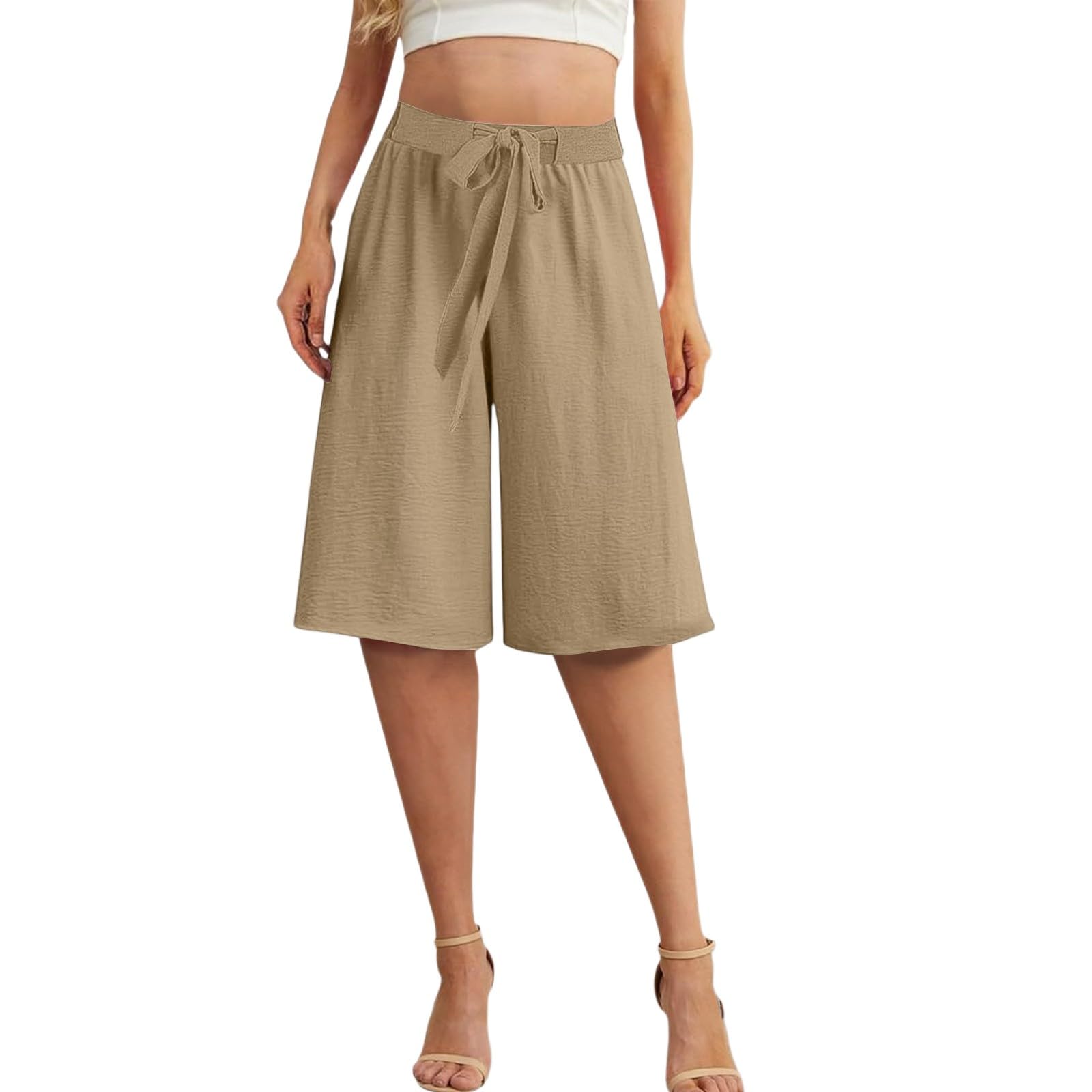 HswsEJ Womens Shorts Casual High Waisted Wide Leg Knee Length Shorts Tie Knot Dressy Lightweight Long Baggy Short with Pockets Comfy Curvy Work Out Short Gym Solid Beach Business Casual Pants