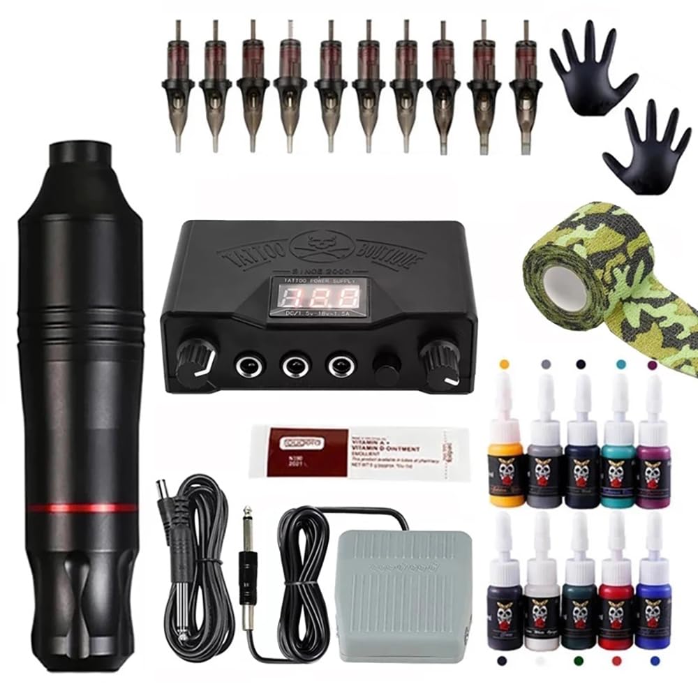 Tattoo Pen Kit Professional Tattoo Machine Set with Power Supply Foot Pedal and Cartridges Durable Tattoo Equipment for Lining and Shading,Silver