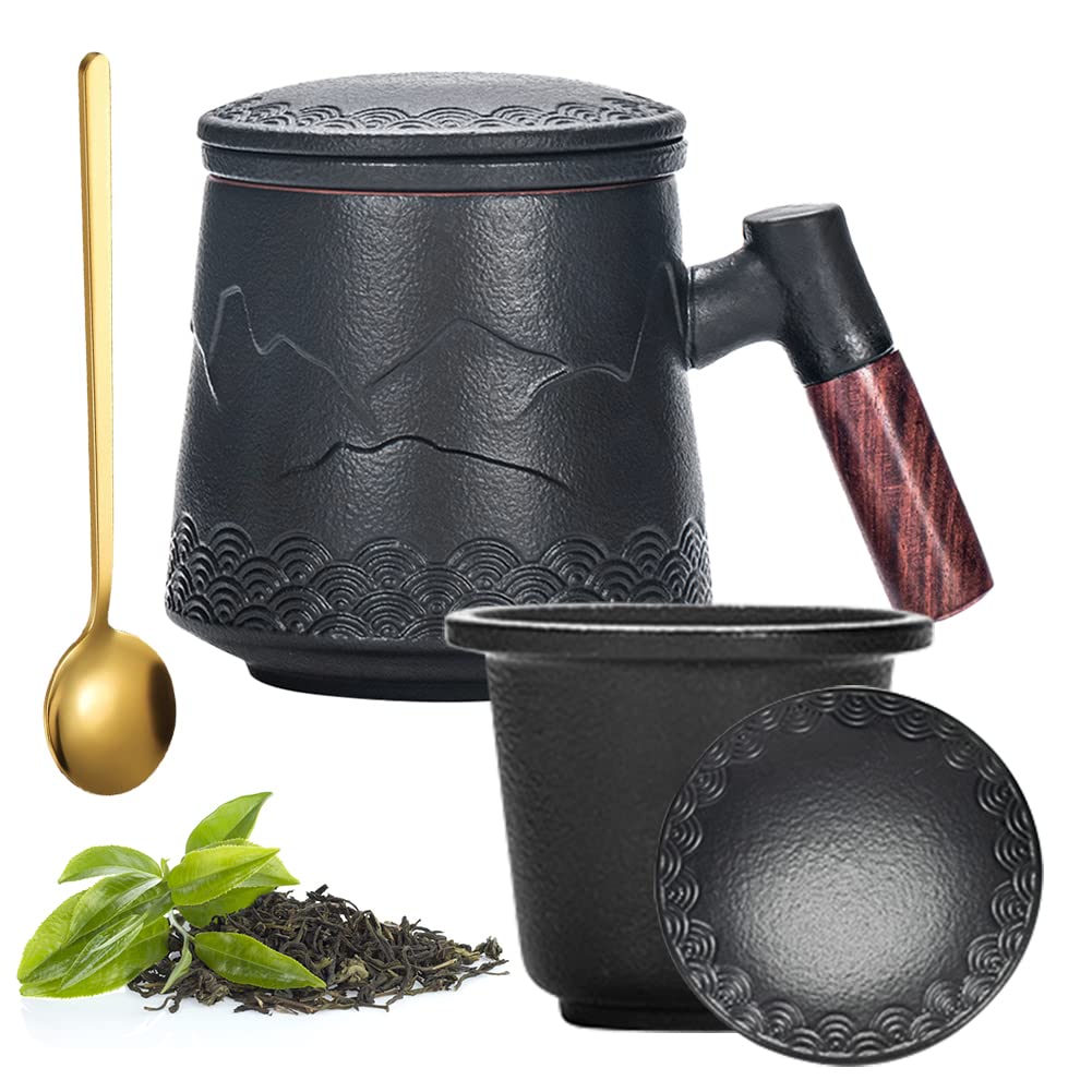 Yuragim Teetasse mit Deckel und Sieb, 400 ml Teesieb für losen Tee Tasse, Teetassen aus Keramik für Losen Tee Oder Beutel mit Holzgriff, Den Täglichen und Bürogebrauch für Einweichen Tee