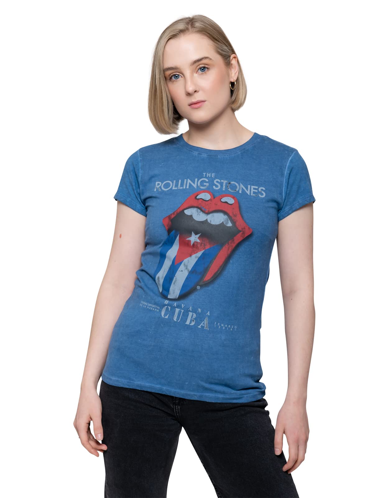 Rockoff Trade Women's the Rolling Stones Havana Cuba with Snow Wash Finishing T-Shirt, Blue (Denim Denim), 8 (Manufacturer Size: Small)