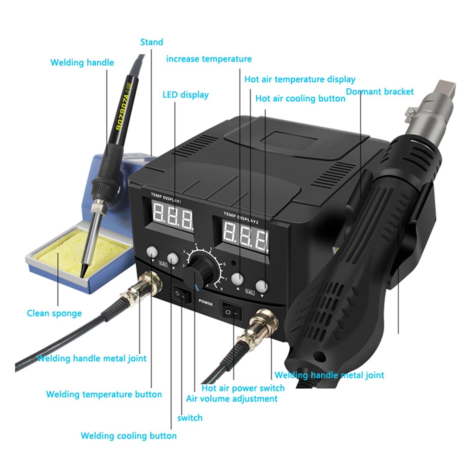 Stacja lutownicza, 800W 2 w 1 cyfrowy Esd Gorąca stacja lutownicza pistoletowego lutuowego żelaza SMD Desoldering Rewidation Station 8586 Upgrade
