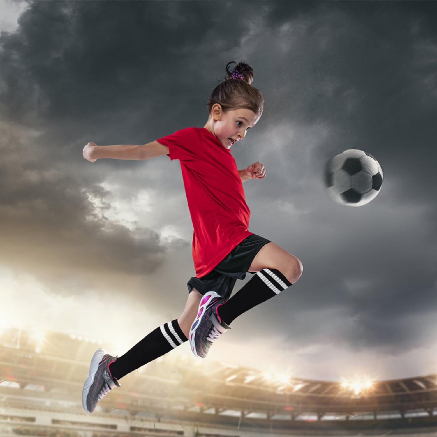 Miniatura 6 de ELUTONG Calcetines de fútbol para niños, 3 pares para niños y niñas, a rayas, tubo atlético, equipo de fútbol, deporte, calcetines altos