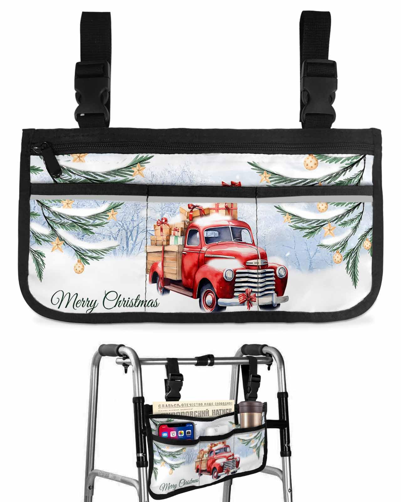 Anzona Christmas Truck Wheelchair Side Bag Walker Bag, Winter Xmas Gifts Pine Snowflake Wheelchair Accessories Armrest Pouch, Organizer Storage Bag for Walkers, Rollators, Scooters, 7.3''x13''