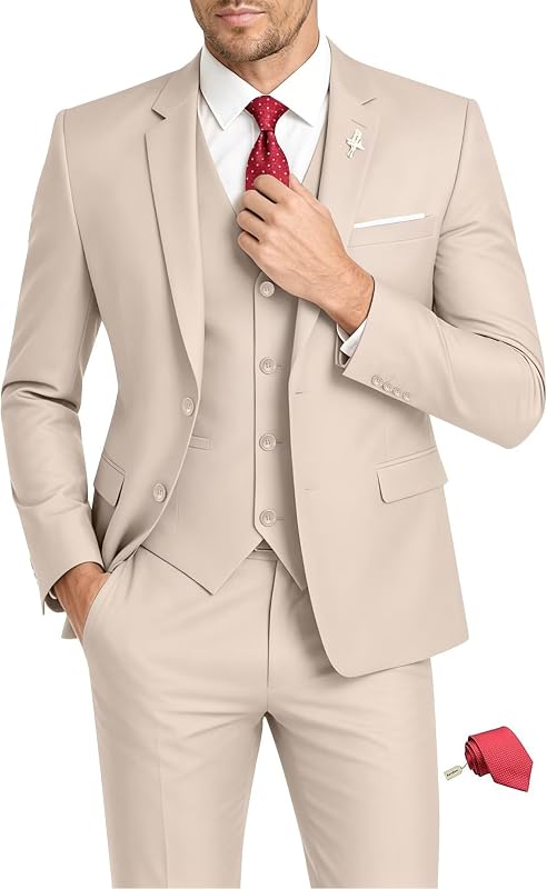 Mens Suit 3 Piece Set Slim Fit Wedding Dress Tuxedo Suits Set & Random Tie | Suit for Men Slim Fit Two Buttons Suits Set Solid Jacket Vest Pants 3 Piece with Tie Homecoming Tuxedo Prom Dinner Outfit